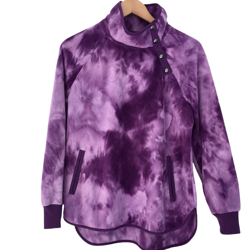 Green Tea Fleece Pullover Cozy Purple Tie Dye with Pockets | M